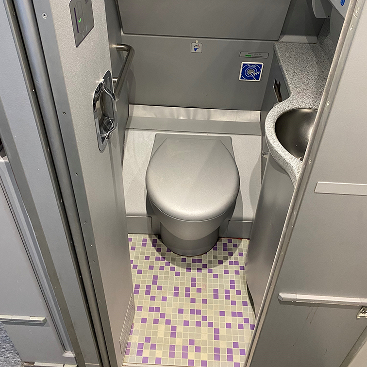 Toilet area of Airplane Cabin mock-up, including storage areas, basin, and locking facilities at the WFC Training Facilities.